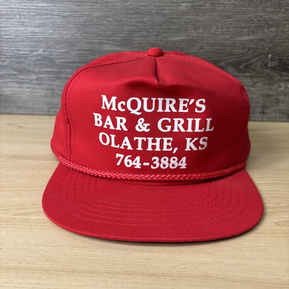Vintage McQUIRE'S Bar & Grill Olathe KS Hat Cap Snap Back Red Rope Mens 90s
